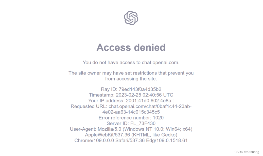 ChatGPT 官网登录界面报错 Access Denied 的截图，提示国内用户网络受限