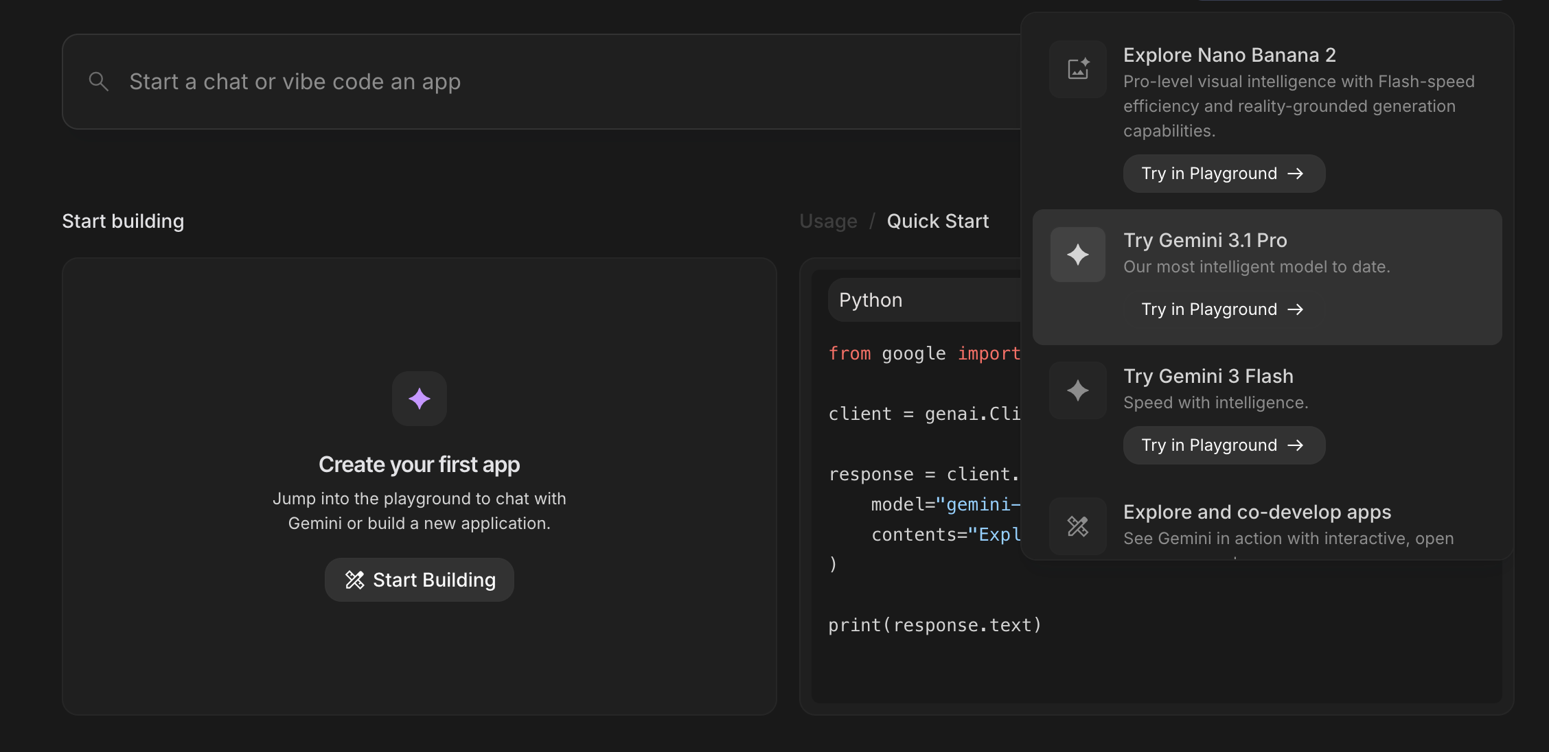 Google Gemini 官网界面截图 - 切换 Gemini Advanced